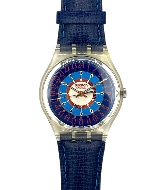 Swatch watch with blue strap and unique face design on a white background