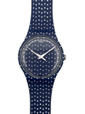 Navy blue watch with white polka dot pattern on a white background