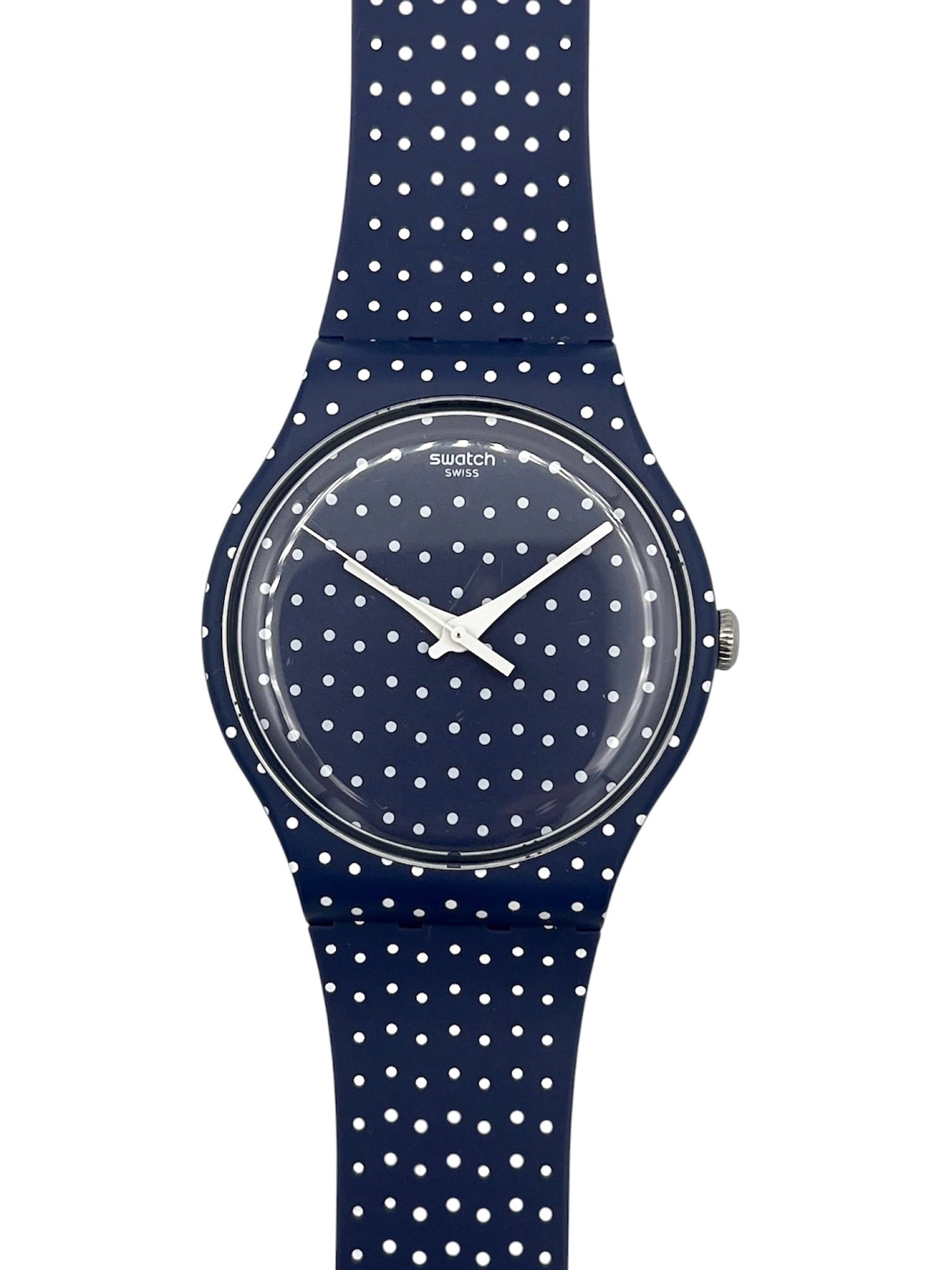 Navy blue watch with white polka dot pattern on a white background