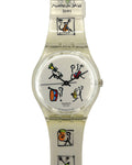 Swatch watch with colorful design on a white background