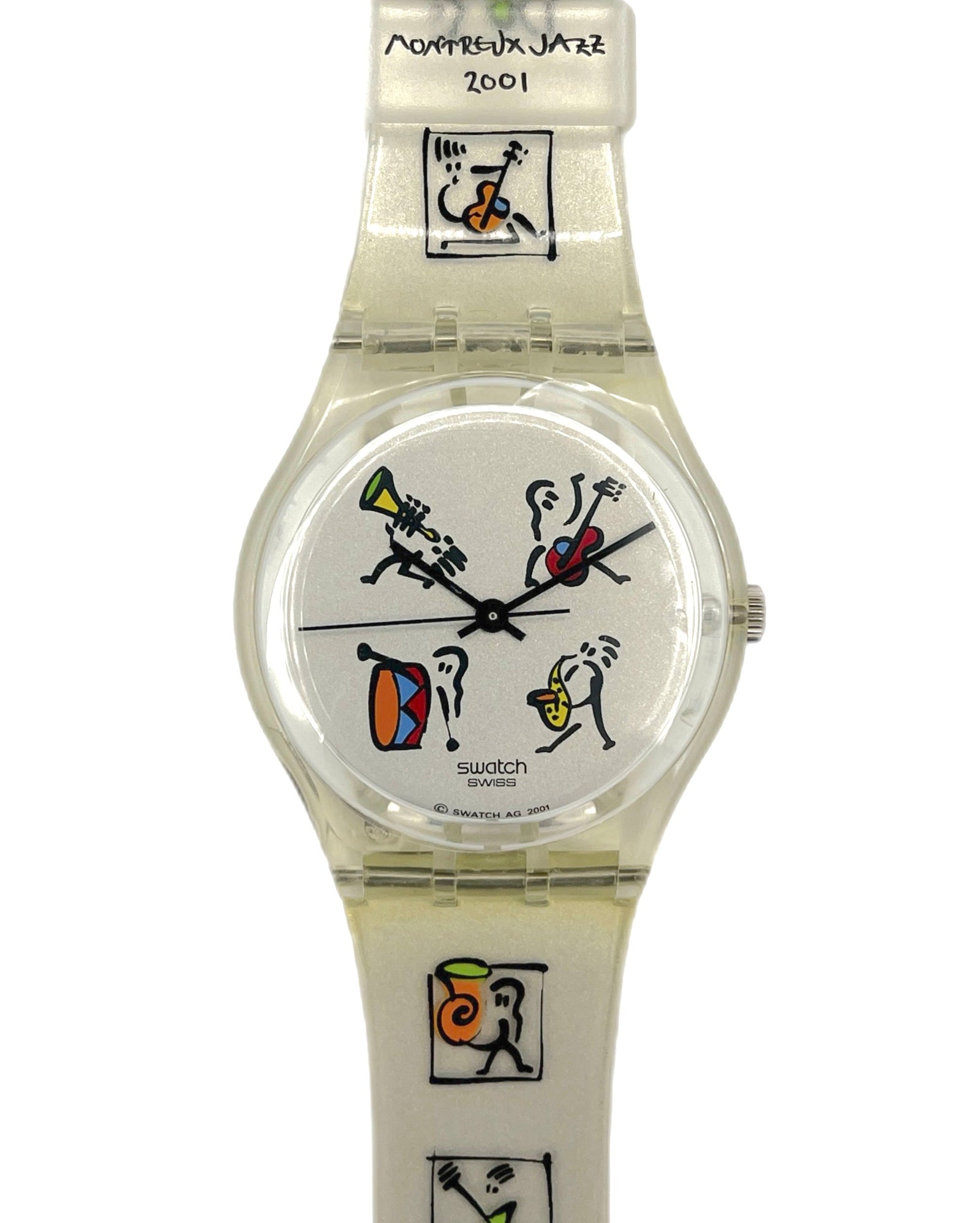Swatch watch with colorful design on a white background