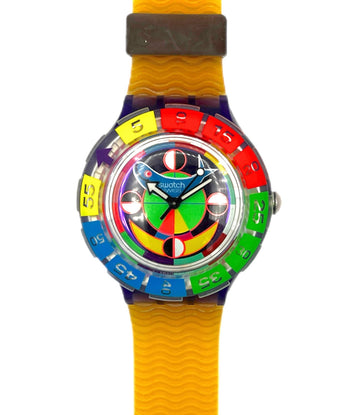 Colorful watch with a multicolored strap on a white background
