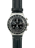 Swatch watch with black face and leather strap on a white background