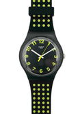 Swatch watch with black and yellow strap on a white background
