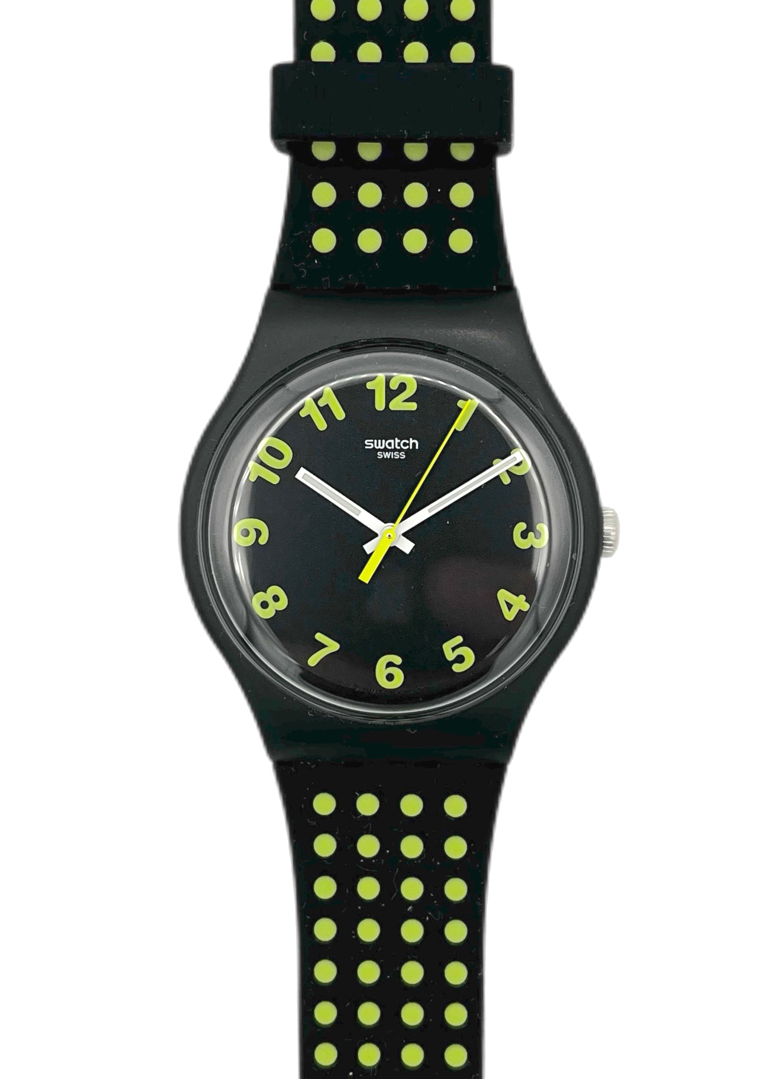 Swatch watch with black and yellow strap on a white background