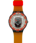 Watch with orange strap and red text on a white background