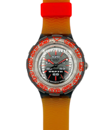 Watch with orange strap and red text on a white background