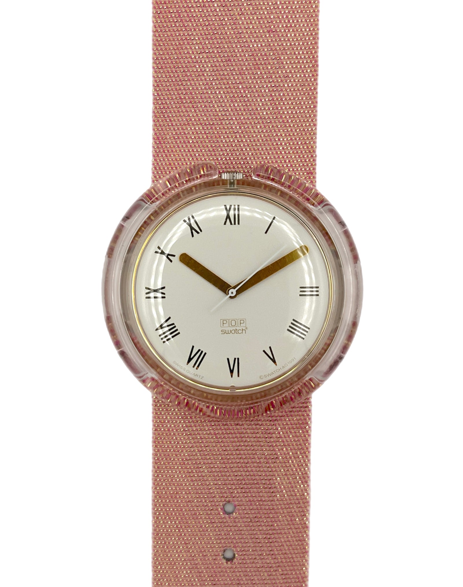 Wristwatch with pink strap and white face on a white background