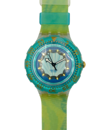 Colorful watch with a green strap on a white background