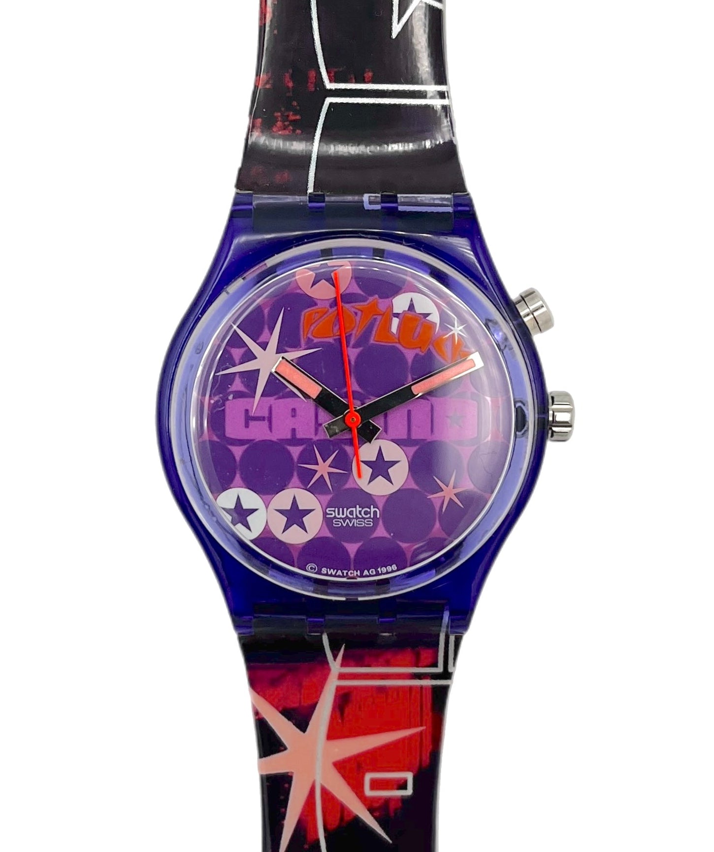 Swatch watch with colorful design on a white background