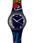 Swatch watch with colorful design on a white background