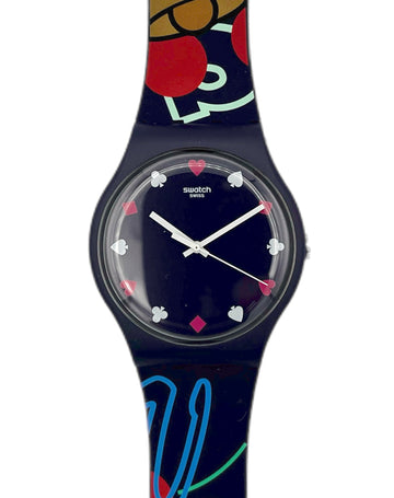 Swatch watch with colorful design on a white background