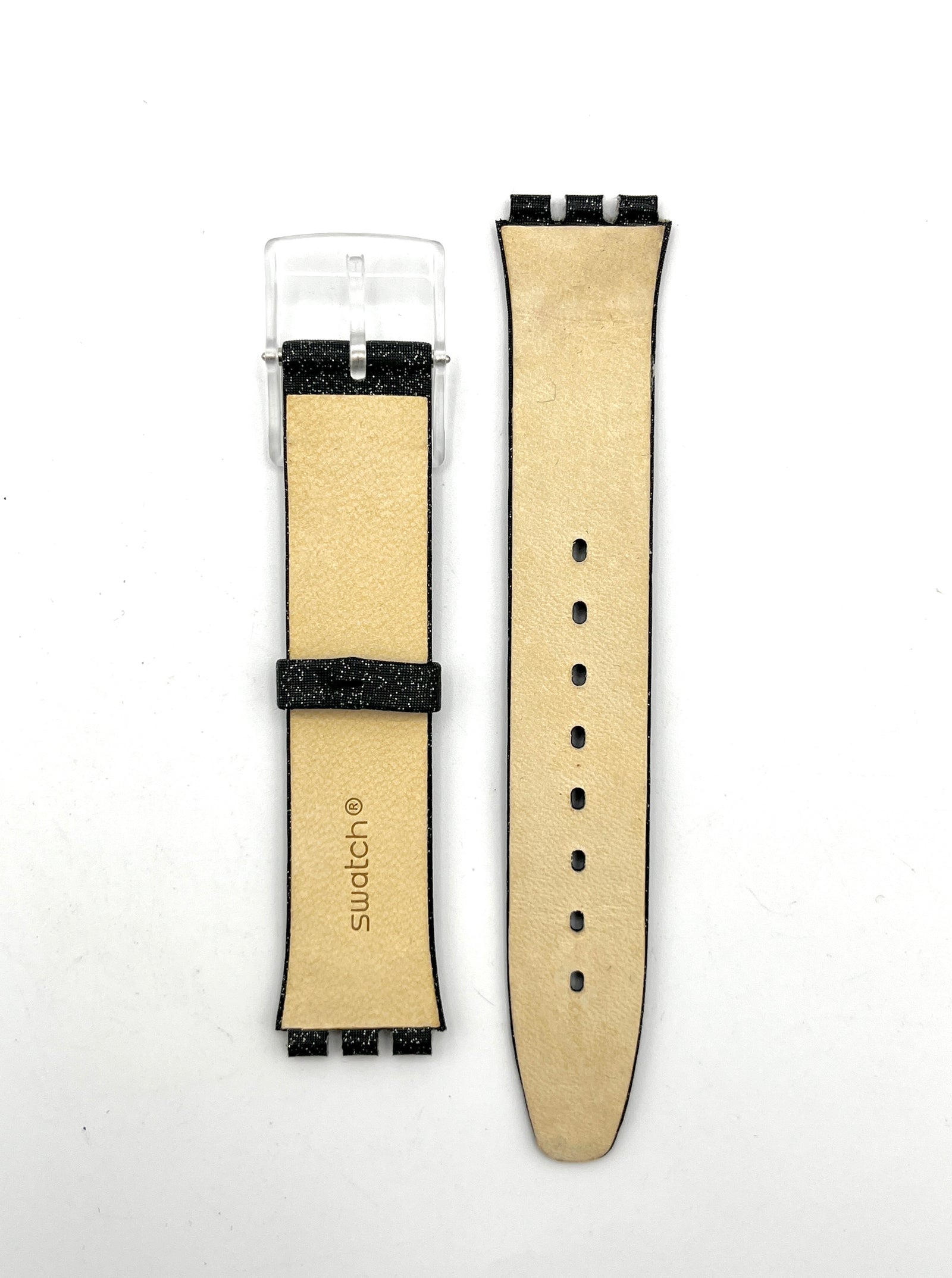 Correa de repuesto Swatch de piel negra con purpurina de 16 mm para SKIN