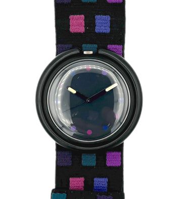 Watch with a black strap featuring colorful square patterns on a white background