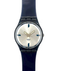 Swatch watch with a black strap and silver dial on a white background