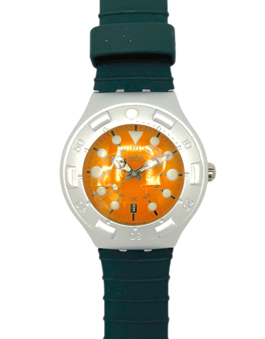 Dive Swatch Watch with orange face and green strap YDS4002 Swatch Scuba Irony