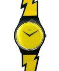 Wristwatch with yellow face and black lightning bolt design on a white background