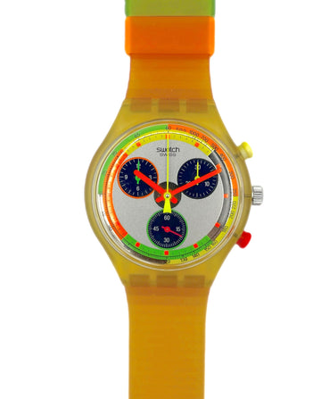 Colorful Swatch watch with a multicolored strap on a white background