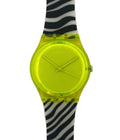 Swatch with a neon yellow face and black and white zebra pattern strap on a white background