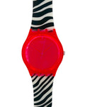 Pink neon Swatch with a zebra-patterned strap on a white background