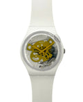 White Swatch watch with yellow gear design on a white background