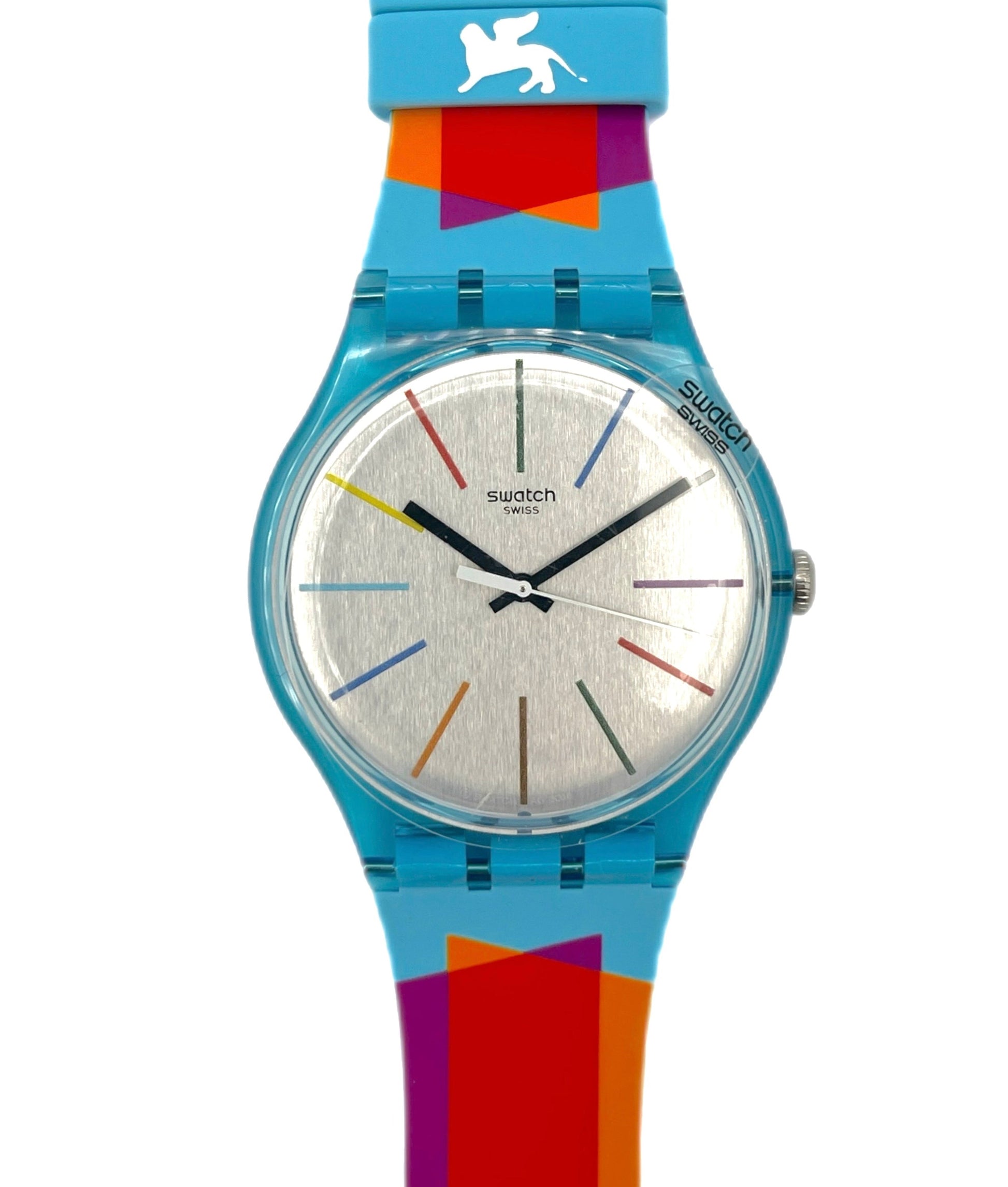 Colorful Swatch watch with a white background