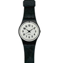 Black Swatch watch with a white face on a white background