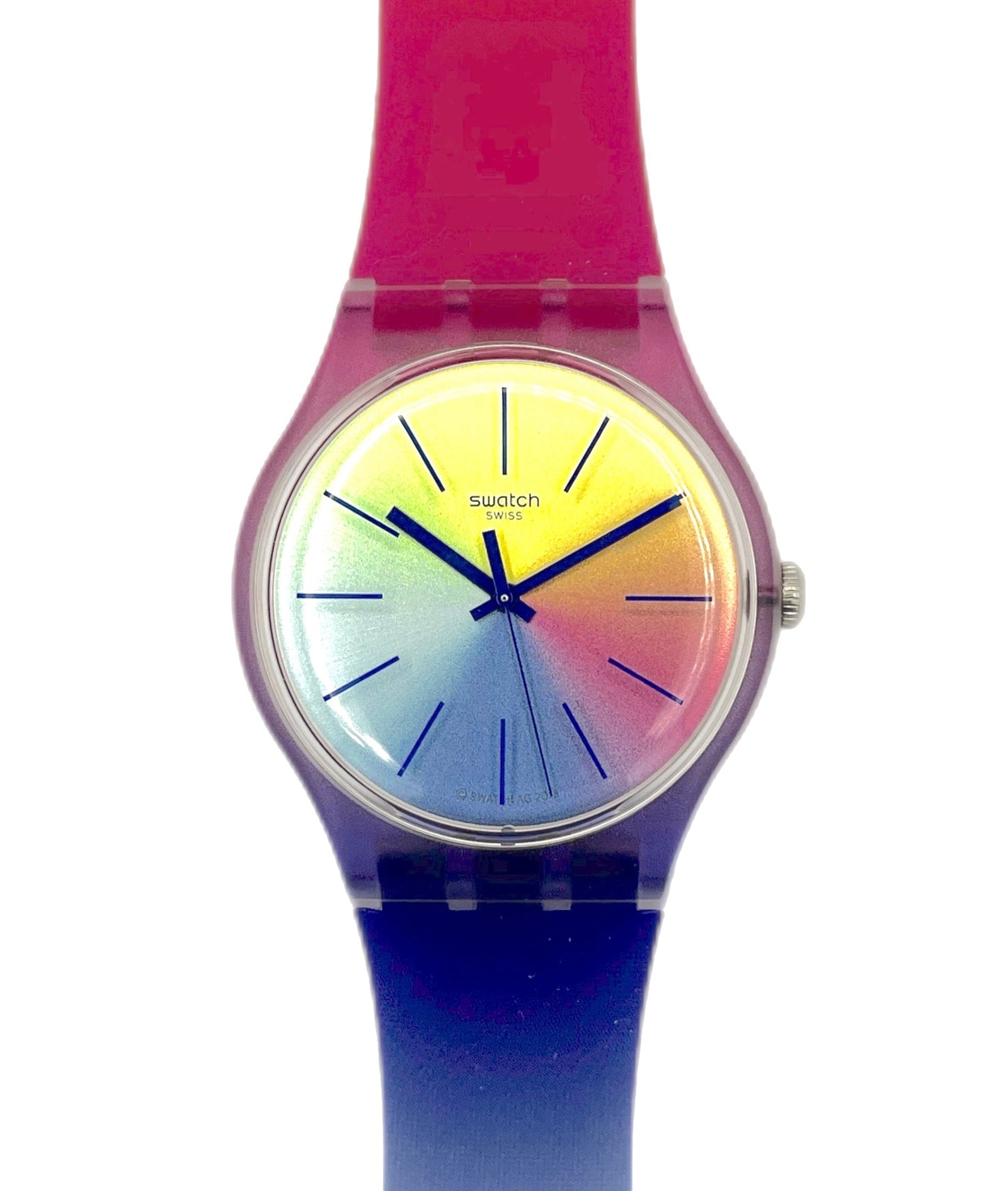 Swatch watch with a colorful gradient strap on a white background