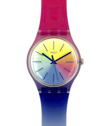 Swatch watch with a colorful gradient strap on a white background