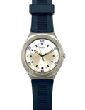 Swatch watch with blue strap and beige dial on a white background