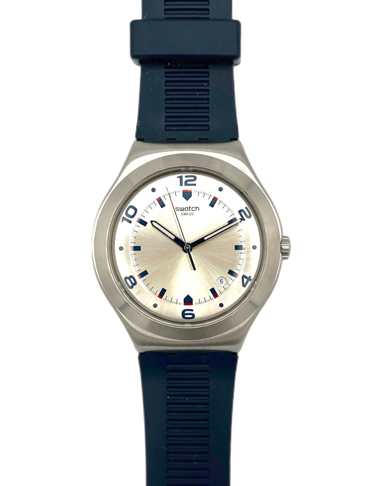 Swatch watch with blue strap and beige dial on a white background
