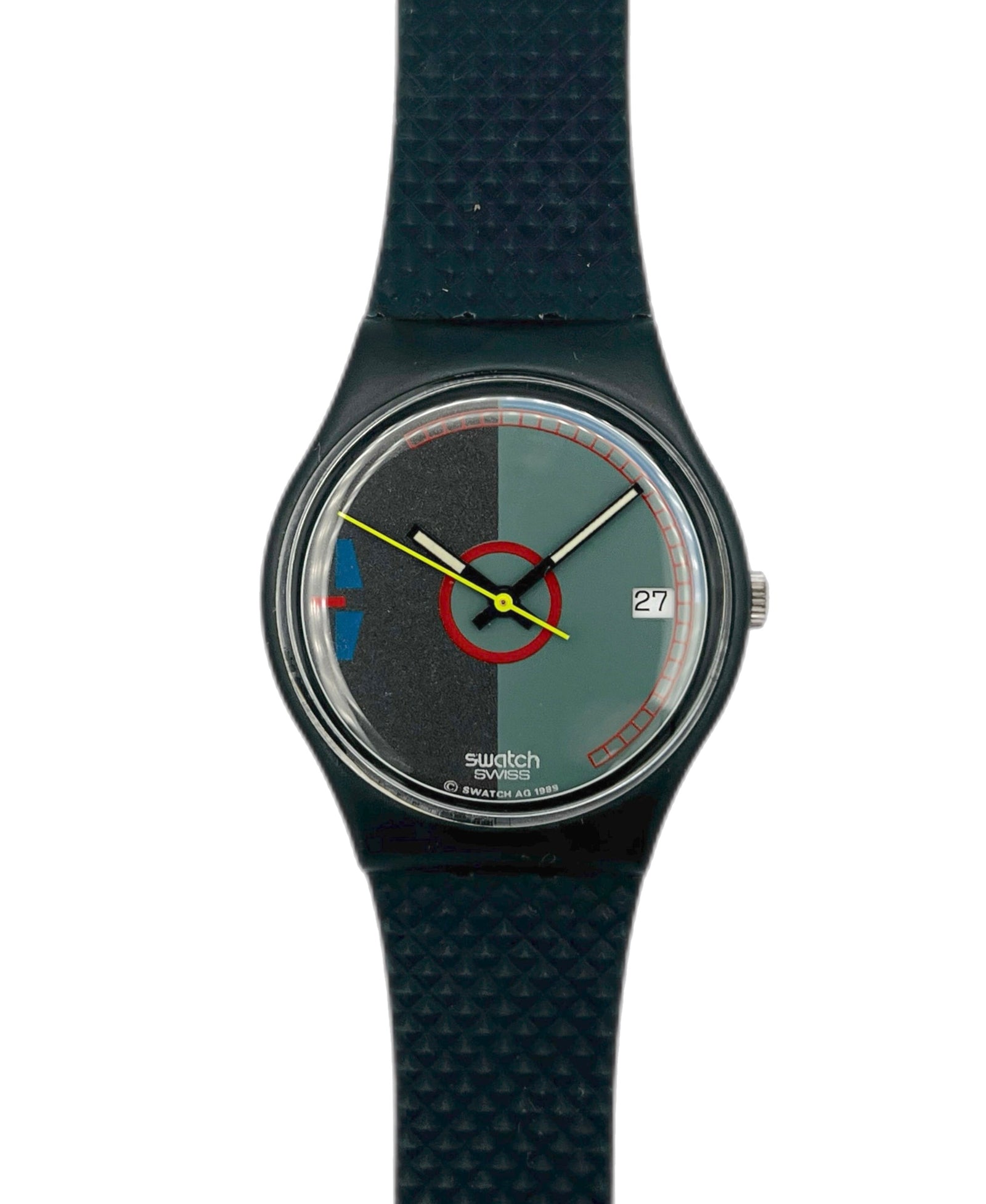 Swatch watch with black strap and multicolored face on a white background