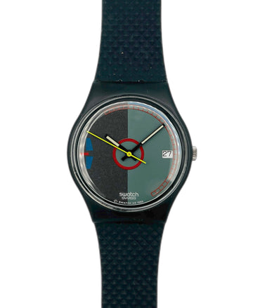 Swatch watch with black strap and multicolored face on a white background
