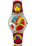 Colorful Swatch watch with parrot design on a white background