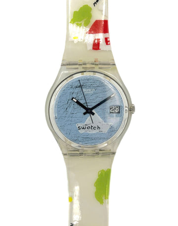 Swatch watch with colorful strap on a white background