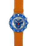 Watch with blue dial and brown leather strap on a white background