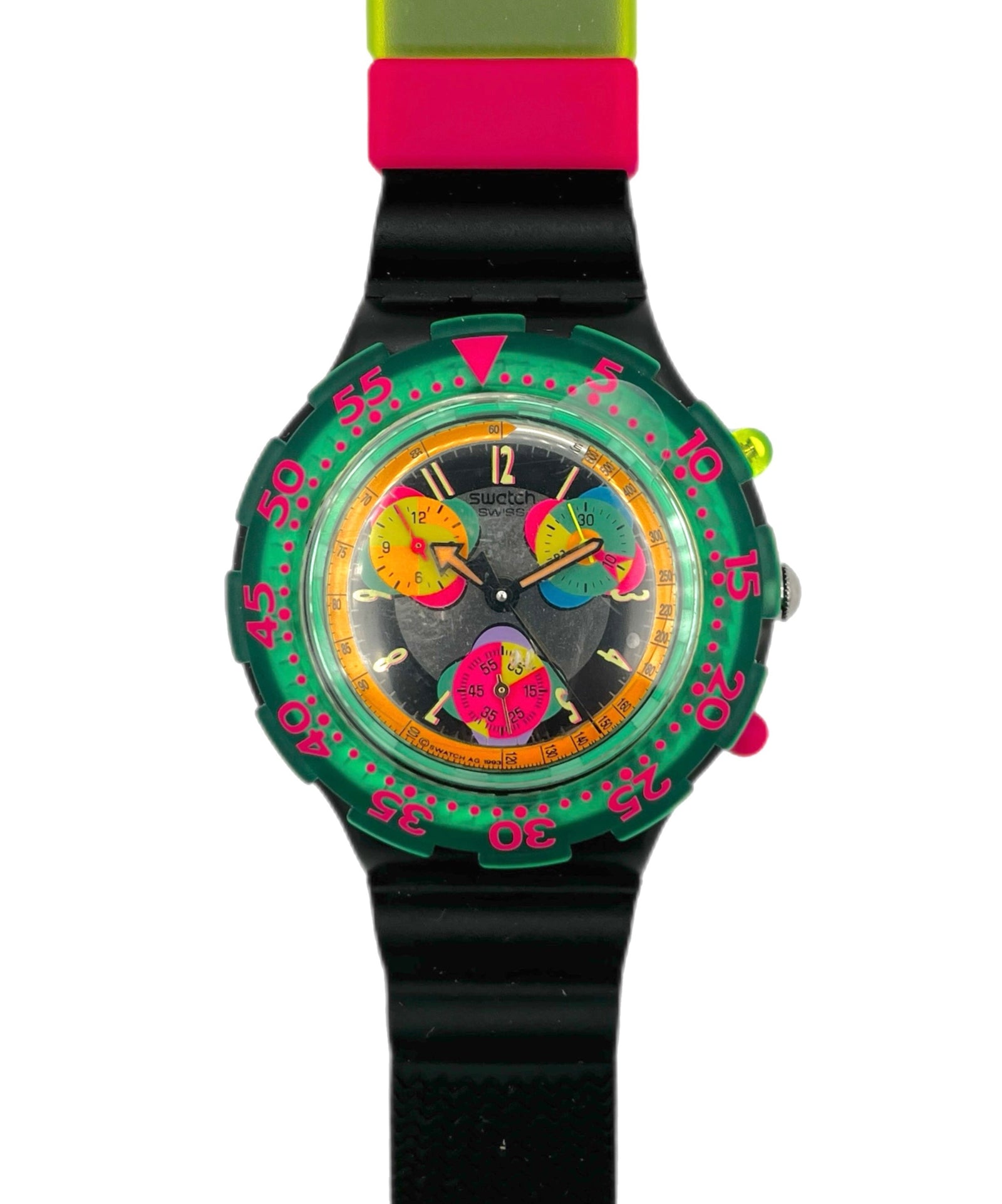 Colorful watch with a black strap on a white background