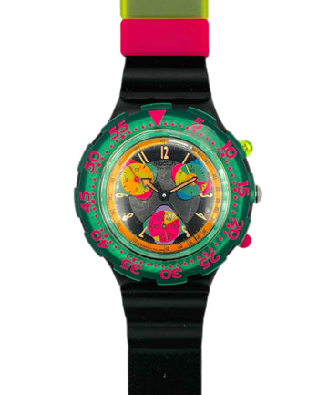 Colorful watch with a black strap on a white background