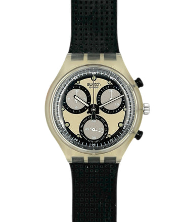 Swatch watch with black strap and detailed face on a white background