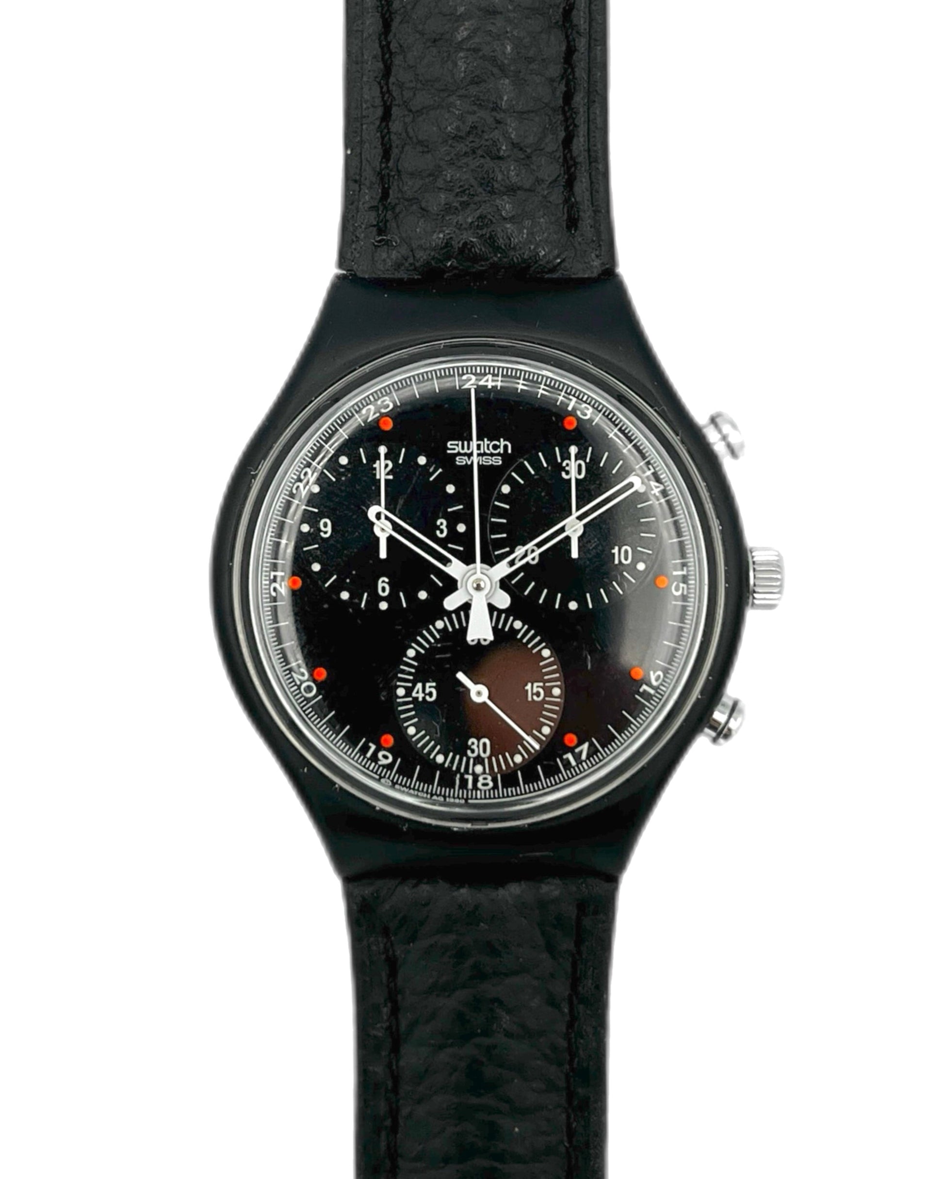 Black Swatch watch with detailed face on a white background