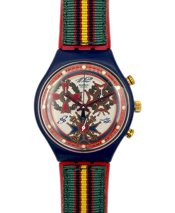 Watch with a colorful strap on a white background