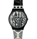Watch with black and white design on a white background