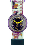 Watch with a colorful strap featuring Roman numeral hour markers on a white background