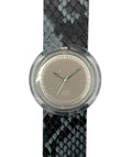 Watch with a black and gray patterned strap on a white background