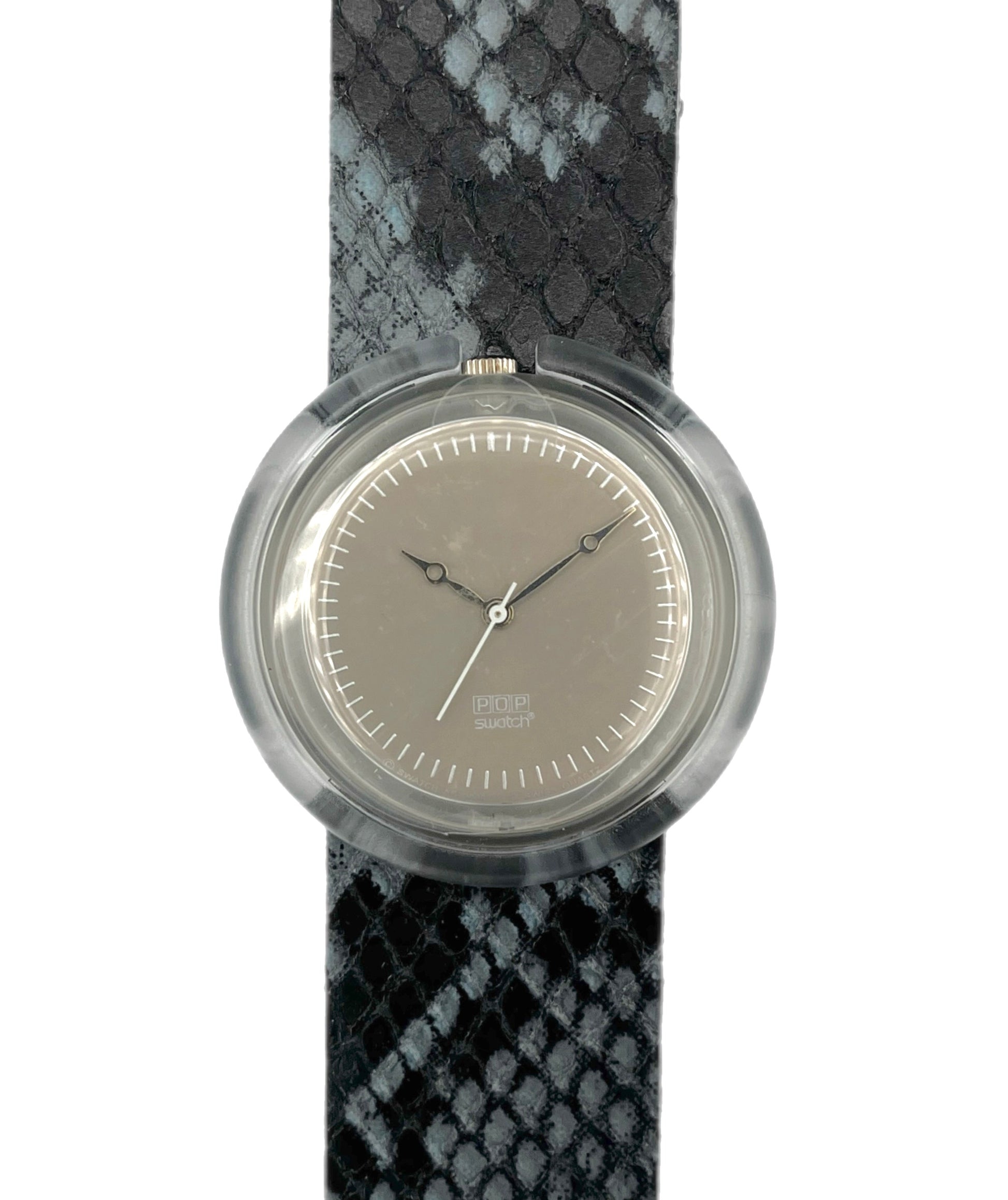Watch with a black and gray patterned strap on a white background