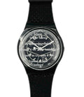 Black watch with a transparent face displaying text on a white background