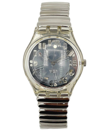 Silver watch with a unique design on a white background