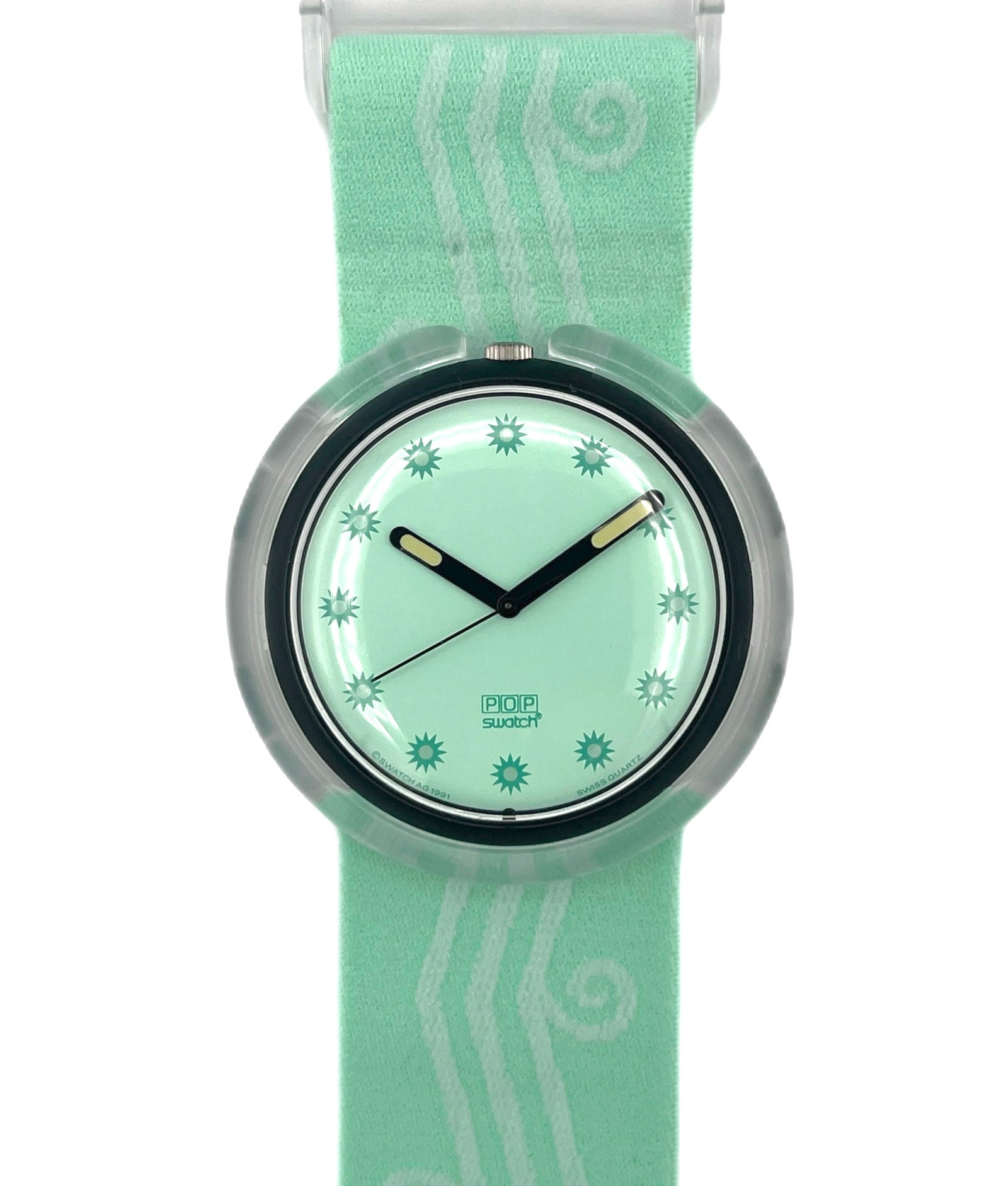 Swatch watch with a green strap and matching face on a white background