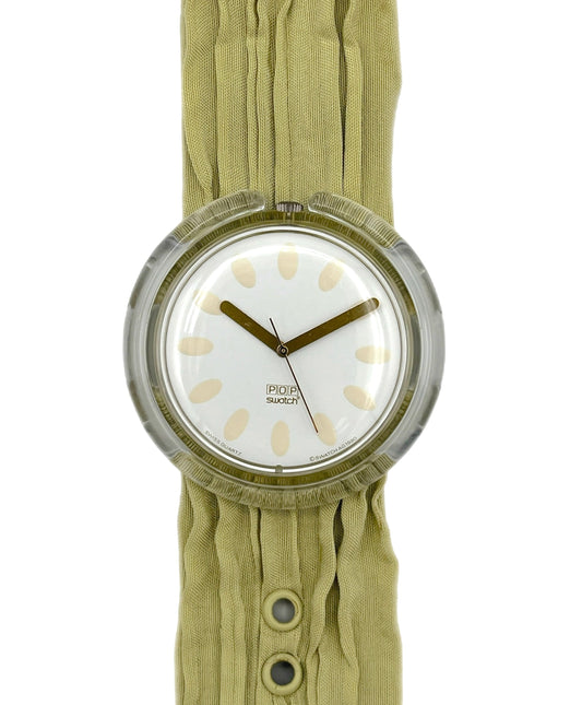 Vintage-style watch with a green strap on a white background