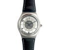 Swatch watch with black strap and silver case on a white background